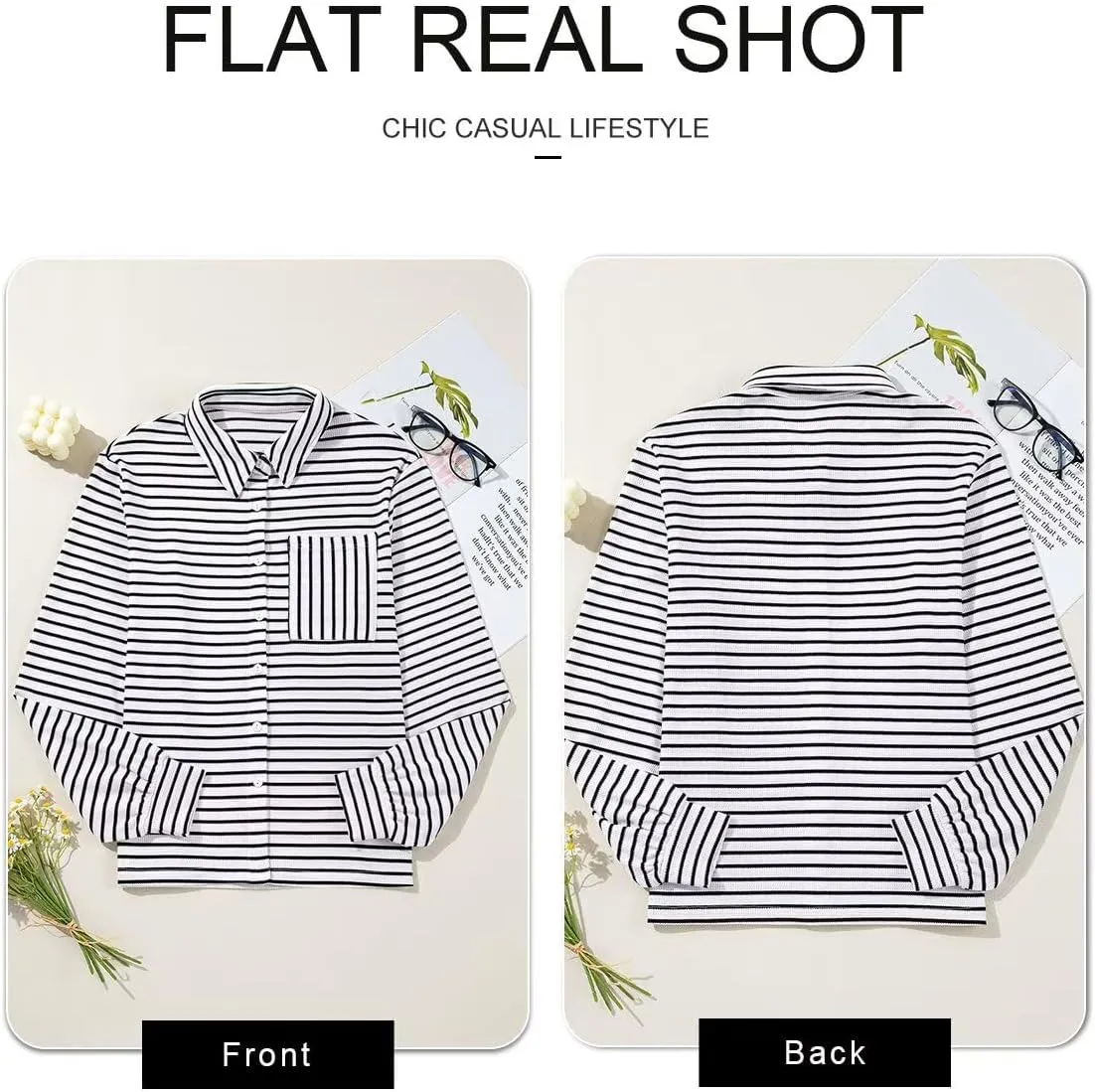 Astylish Women's 2025 Cute Striped Waffle Oversized Stretchy Long Sleeve Shirts Soft Collared V Neck Button Up Blouses Tops