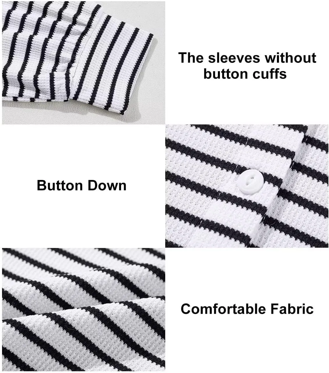 Astylish Women's 2025 Cute Striped Waffle Oversized Stretchy Long Sleeve Shirts Soft Collared V Neck Button Up Blouses Tops
