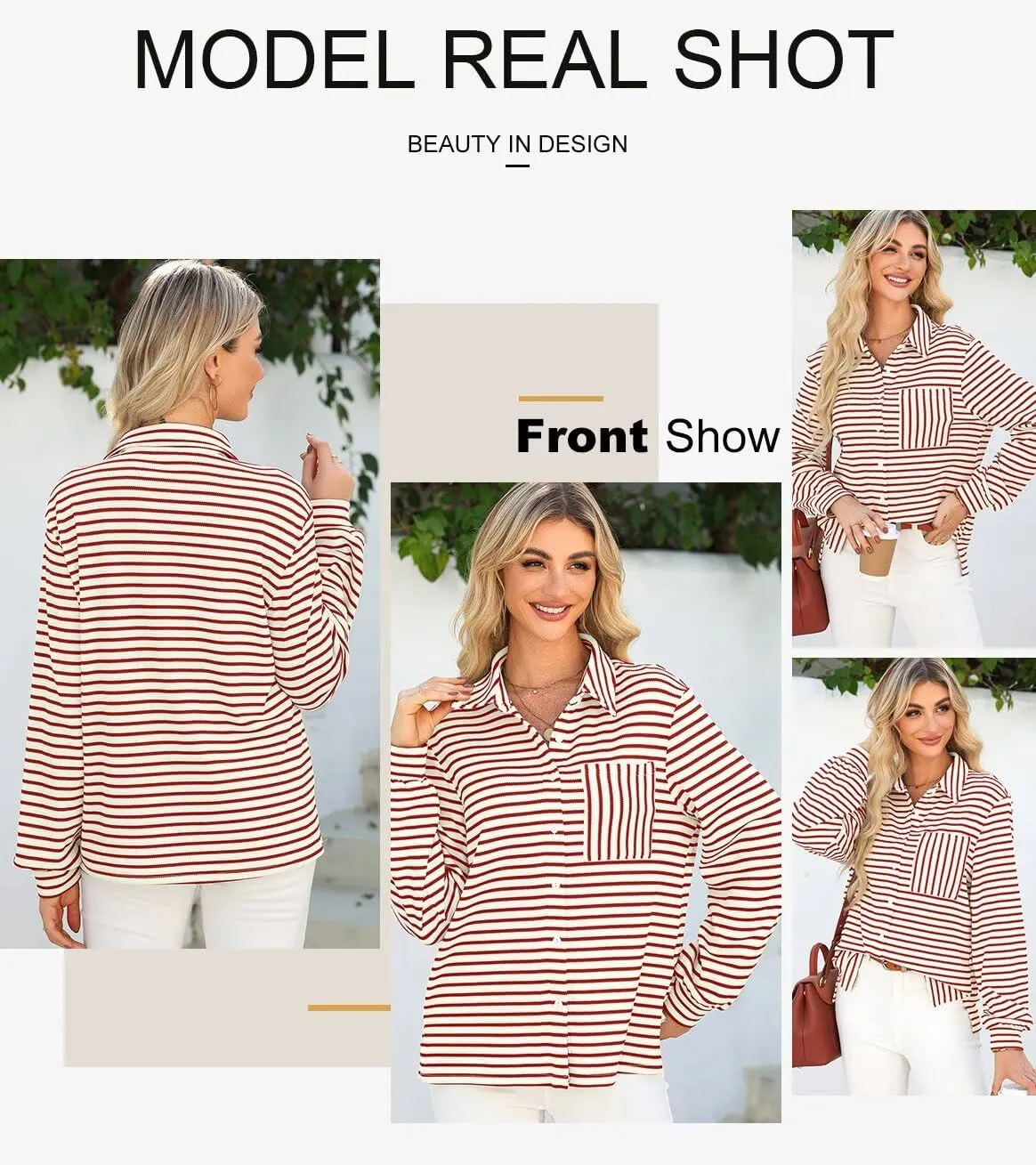 Astylish Women's 2025 Cute Striped Waffle Oversized Stretchy Long Sleeve Shirts Soft Collared V Neck Button Up Blouses Tops