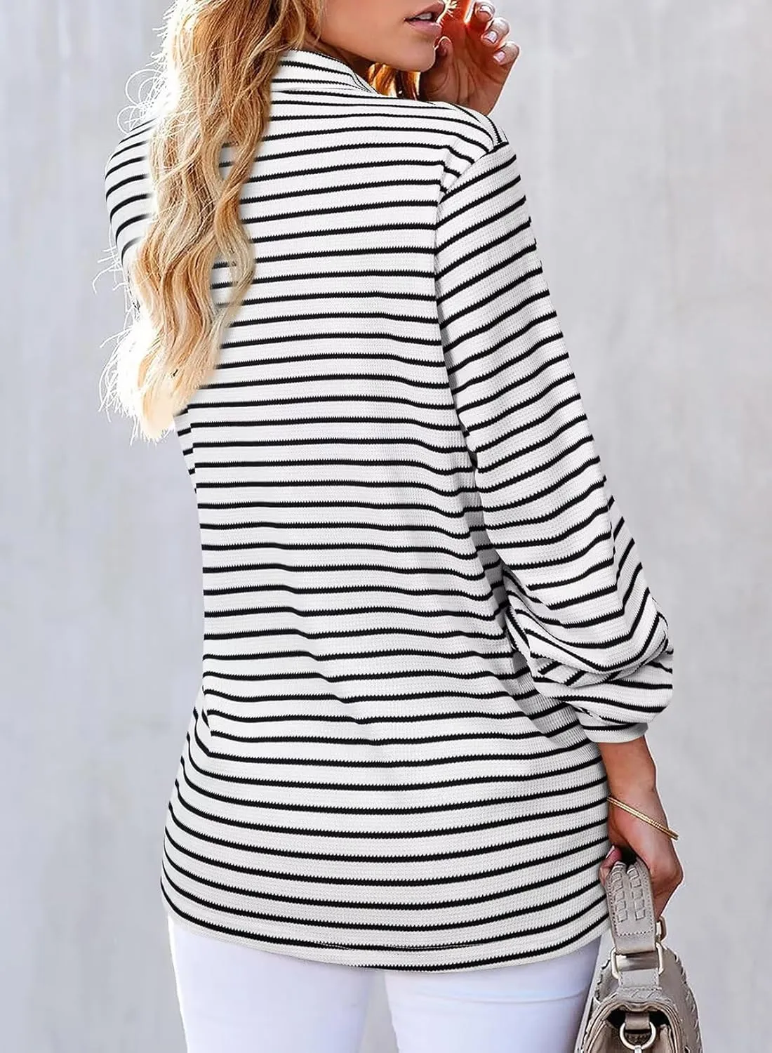 Astylish Women's 2025 Cute Striped Waffle Oversized Stretchy Long Sleeve Shirts Soft Collared V Neck Button Up Blouses Tops
