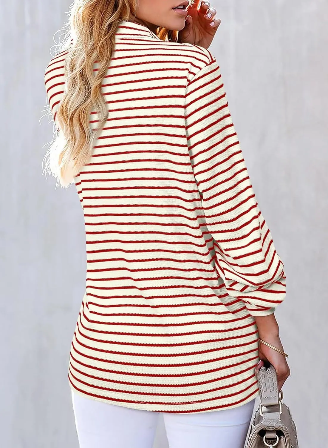 Astylish Women's 2025 Cute Striped Waffle Oversized Stretchy Long Sleeve Shirts Soft Collared V Neck Button Up Blouses Tops