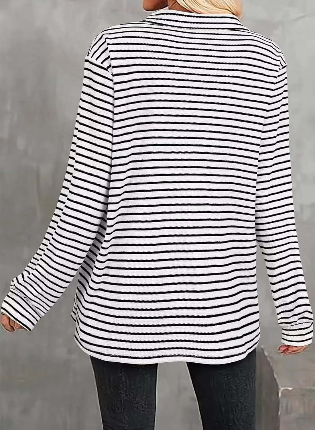 Astylish Women's 2025 Cute Striped Waffle Oversized Stretchy Long Sleeve Shirts Soft Collared V Neck Button Up Blouses Tops