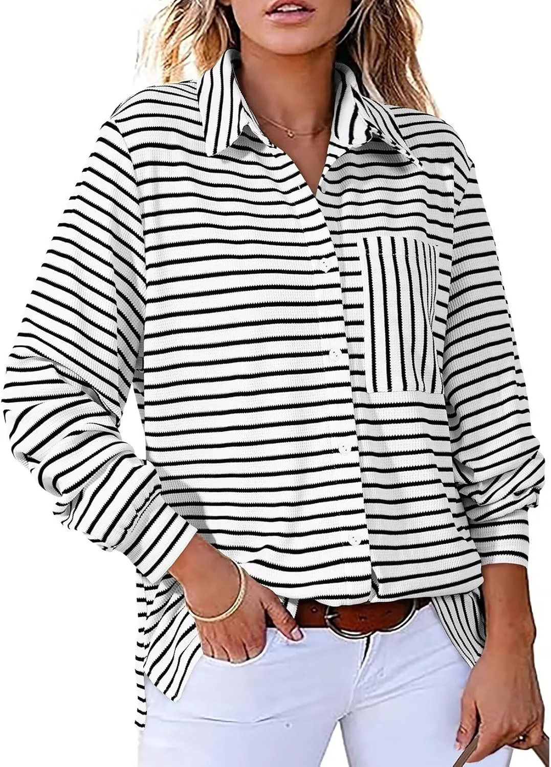 Astylish Women's 2025 Cute Striped Waffle Oversized Stretchy Long Sleeve Shirts Soft Collared V Neck Button Up Blouses Tops