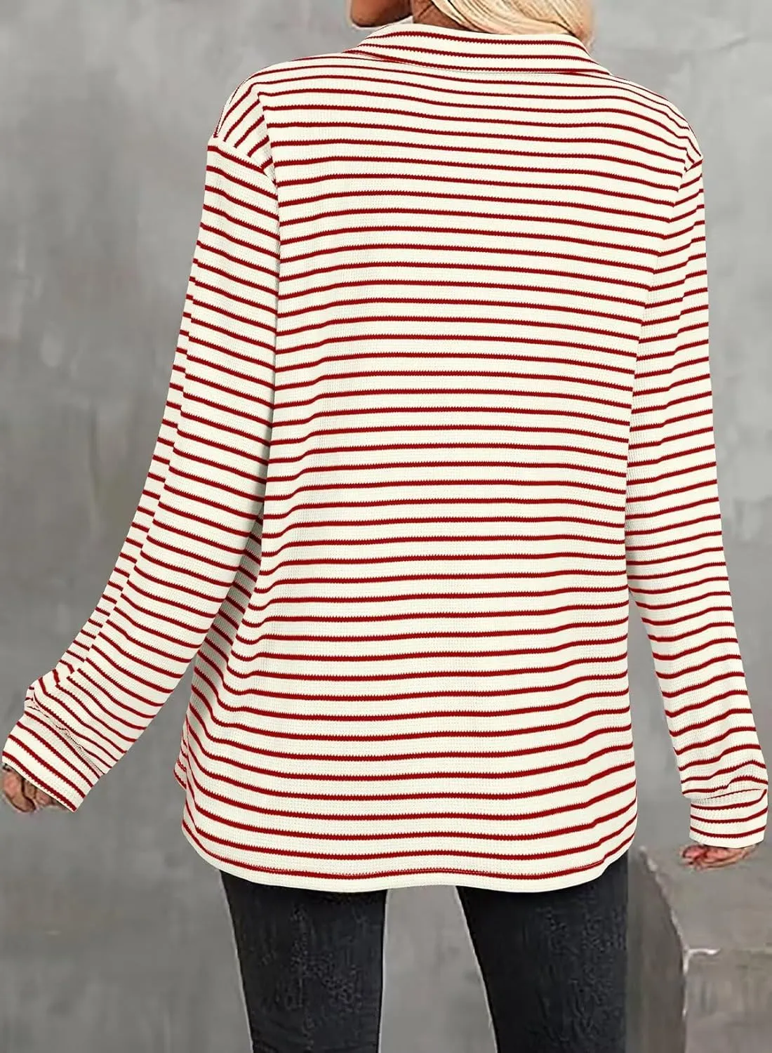 Astylish Women's 2025 Cute Striped Waffle Oversized Stretchy Long Sleeve Shirts Soft Collared V Neck Button Up Blouses Tops