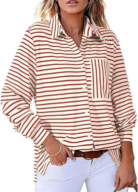 Astylish Women's 2025 Cute Striped Waffle Oversized Stretchy Long Sleeve Shirts Soft Collared V Neck Button Up Blouses Tops