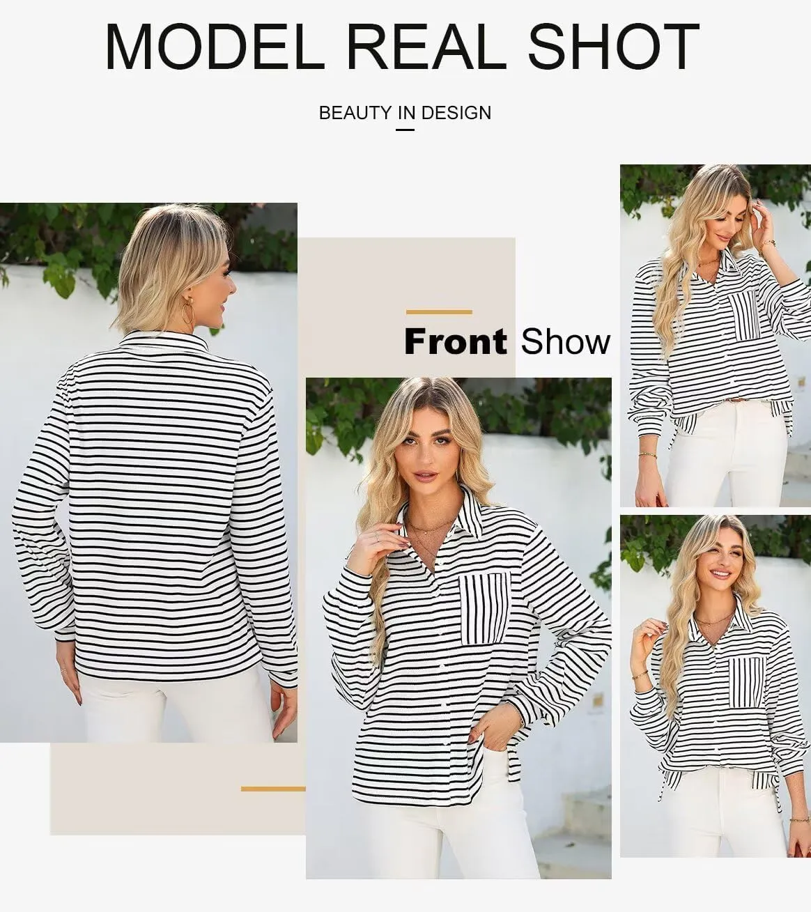 Astylish Women's 2025 Cute Striped Waffle Oversized Stretchy Long Sleeve Shirts Soft Collared V Neck Button Up Blouses Tops