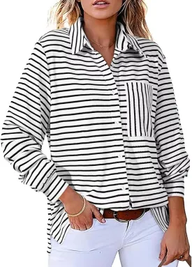 Astylish Women's 2025 Cute Striped Waffle Oversized Stretchy Long Sleeve Shirts Soft Collared V Neck Button Up Blouses Tops