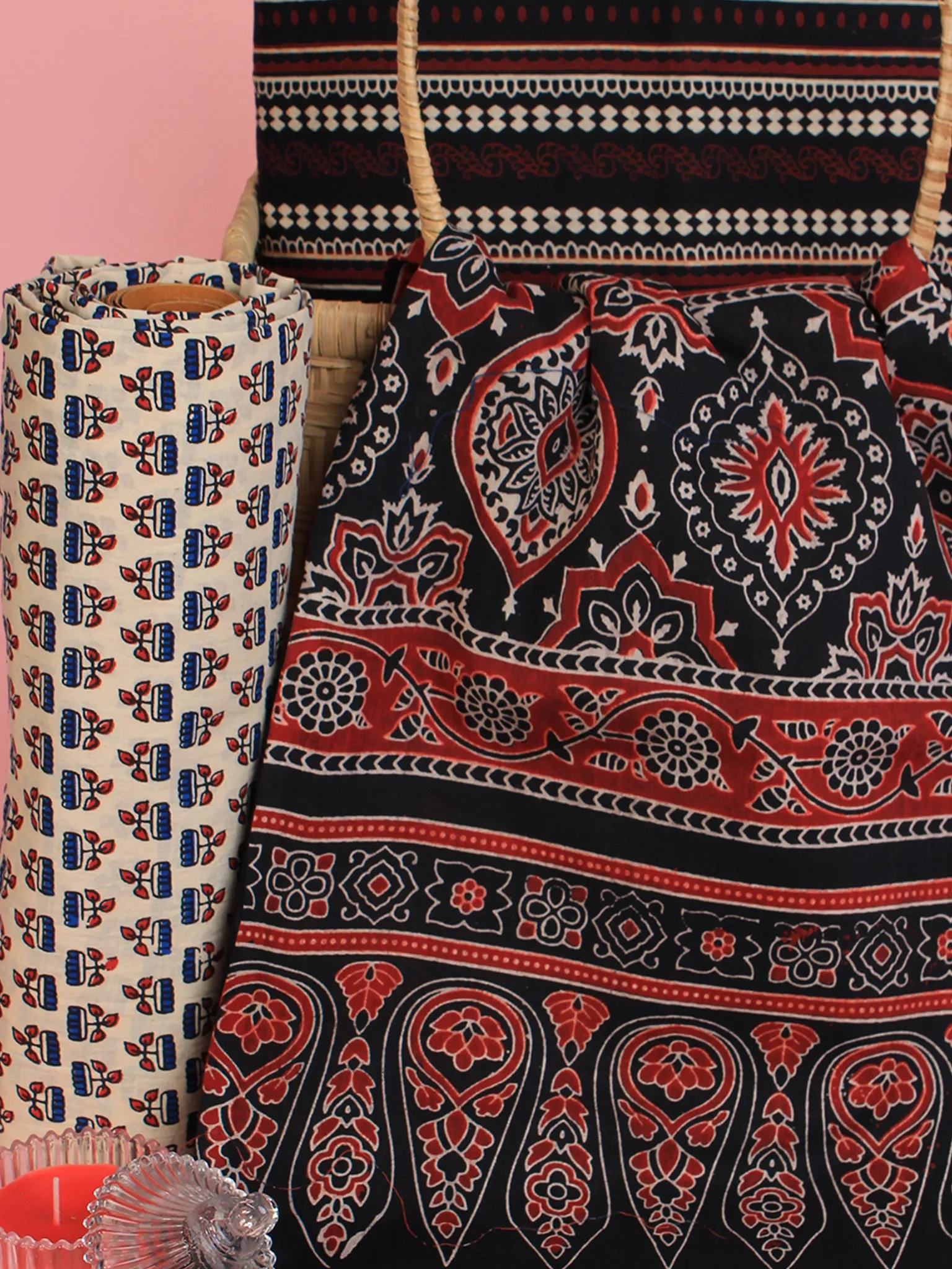Black Maroon Beige Ajrakh Hand Block Printed Suit Set (Set of 3) - SU01HB466