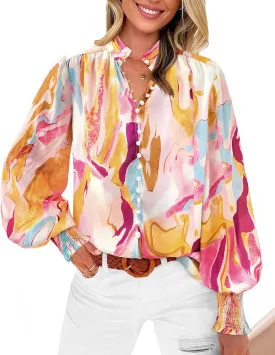 BTFBM Spring Fashion 2025 Button Down Long Sleeve Blouses for Women Dressy Casual V Neck Loose Printed Boho Tops Shirts
