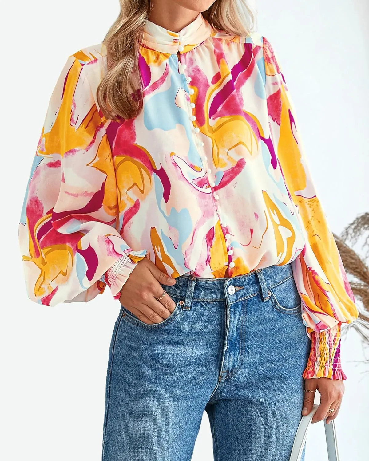 BTFBM Spring Fashion 2025 Button Down Long Sleeve Blouses for Women Dressy Casual V Neck Loose Printed Boho Tops Shirts