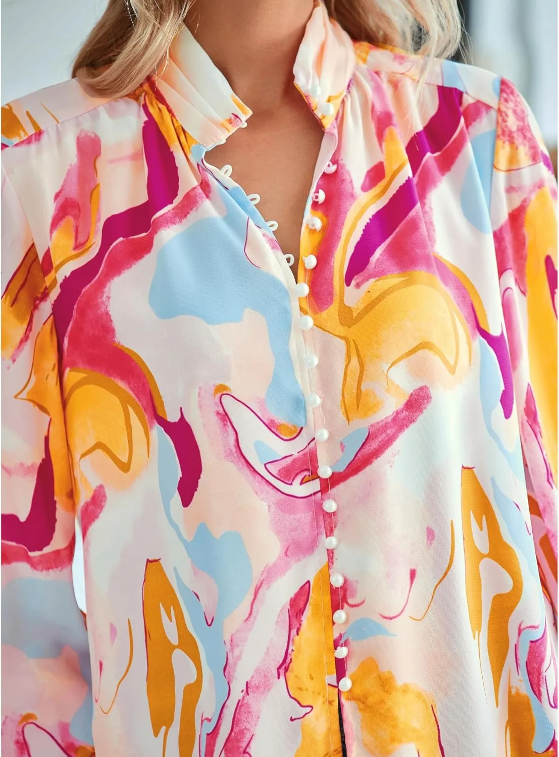 BTFBM Spring Fashion 2025 Button Down Long Sleeve Blouses for Women Dressy Casual V Neck Loose Printed Boho Tops Shirts