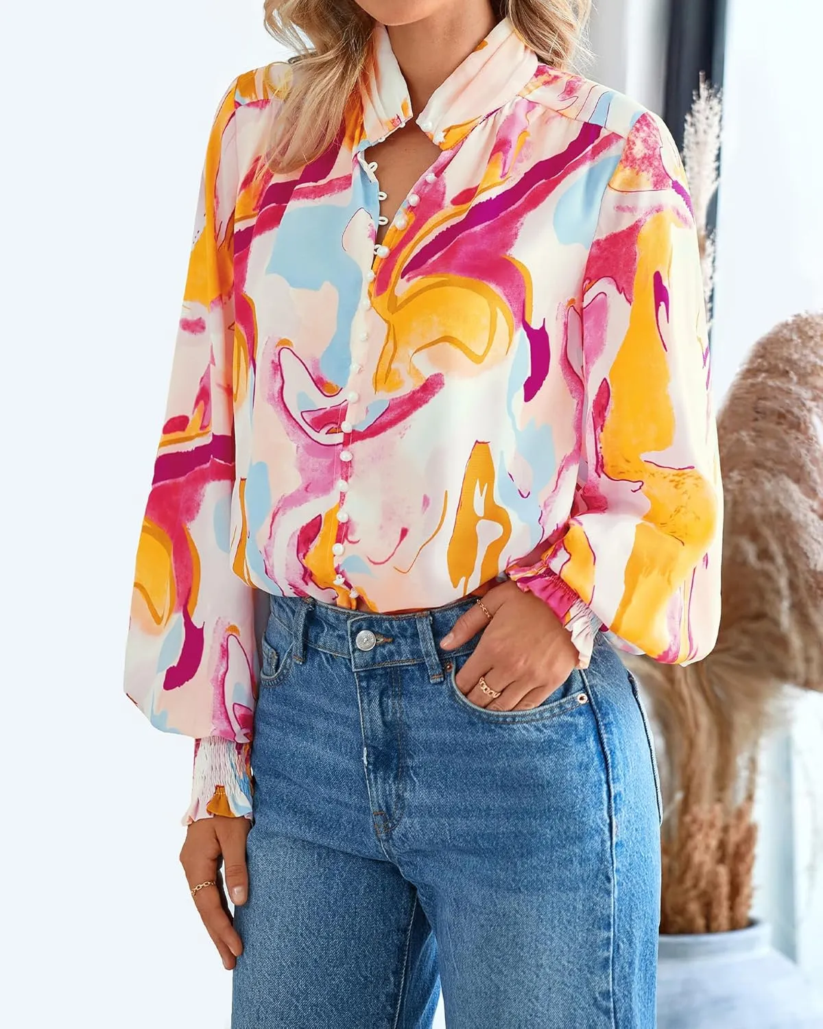BTFBM Spring Fashion 2025 Button Down Long Sleeve Blouses for Women Dressy Casual V Neck Loose Printed Boho Tops Shirts