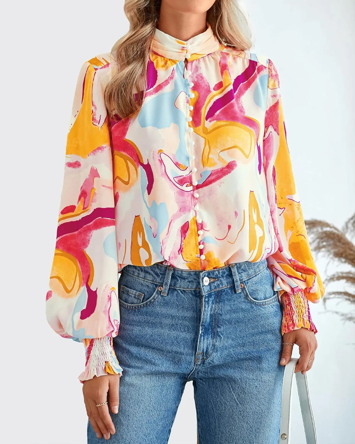 BTFBM Spring Fashion 2025 Button Down Long Sleeve Blouses for Women Dressy Casual V Neck Loose Printed Boho Tops Shirts