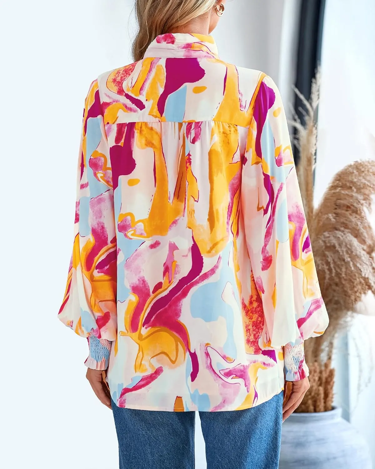 BTFBM Spring Fashion 2025 Button Down Long Sleeve Blouses for Women Dressy Casual V Neck Loose Printed Boho Tops Shirts