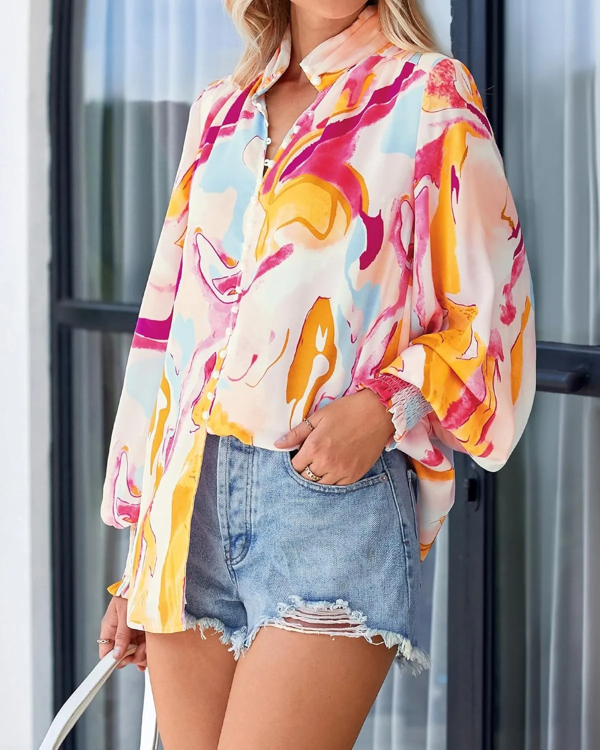 BTFBM Spring Fashion 2025 Button Down Long Sleeve Blouses for Women Dressy Casual V Neck Loose Printed Boho Tops Shirts