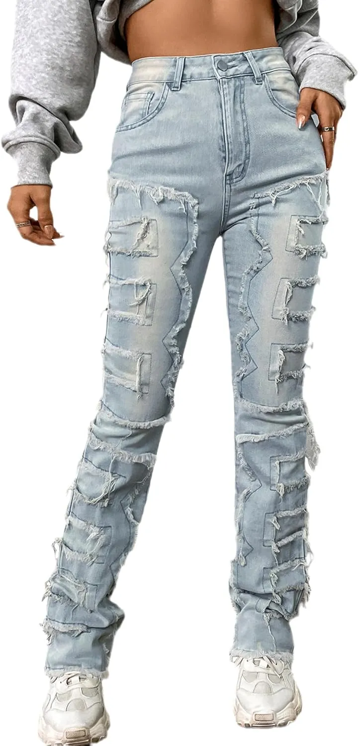 Conshvi Stacked Jeans for Women Straight Leg Jeans Mid Rise Slim Fit Distressed Patchwork Jeans Trendy Stretchy Denim Pants