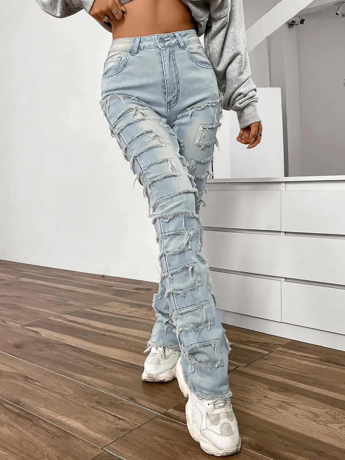 Conshvi Stacked Jeans for Women Straight Leg Jeans Mid Rise Slim Fit Distressed Patchwork Jeans Trendy Stretchy Denim Pants