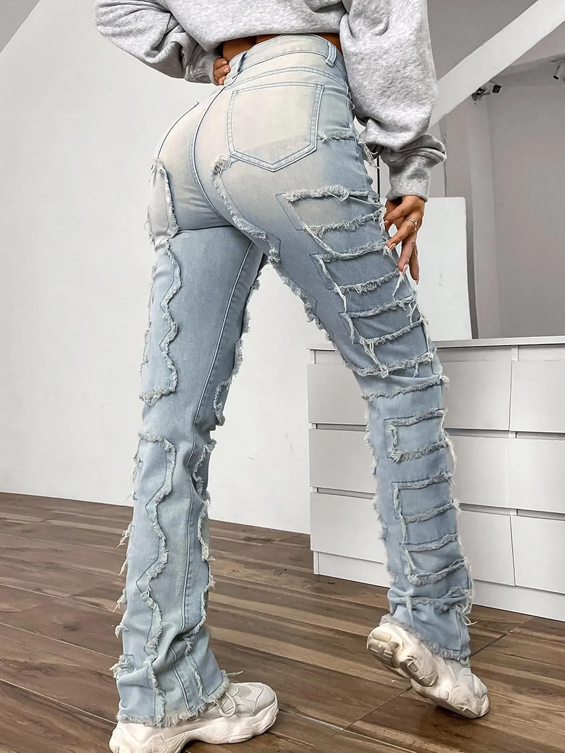 Conshvi Stacked Jeans for Women Straight Leg Jeans Mid Rise Slim Fit Distressed Patchwork Jeans Trendy Stretchy Denim Pants