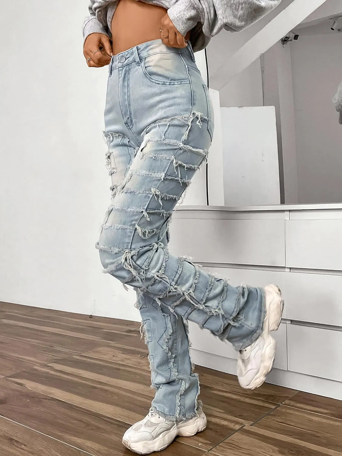 Conshvi Stacked Jeans for Women Straight Leg Jeans Mid Rise Slim Fit Distressed Patchwork Jeans Trendy Stretchy Denim Pants