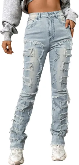 Conshvi Stacked Jeans for Women Straight Leg Jeans Mid Rise Slim Fit Distressed Patchwork Jeans Trendy Stretchy Denim Pants
