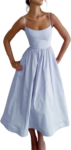 Corset Dress for Women Sexy Square Neck Spaghetti Strap Midi Dresses Summer Casual Elegant Cottagecore Dress Sundress
