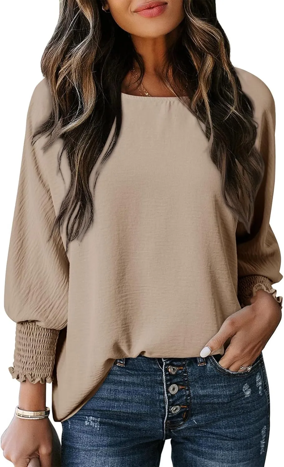 Dokotoo Women Blouses Dressy Casual Boat Neck 3/4 Length Sleeve Womens Tops with Smocked Cuff