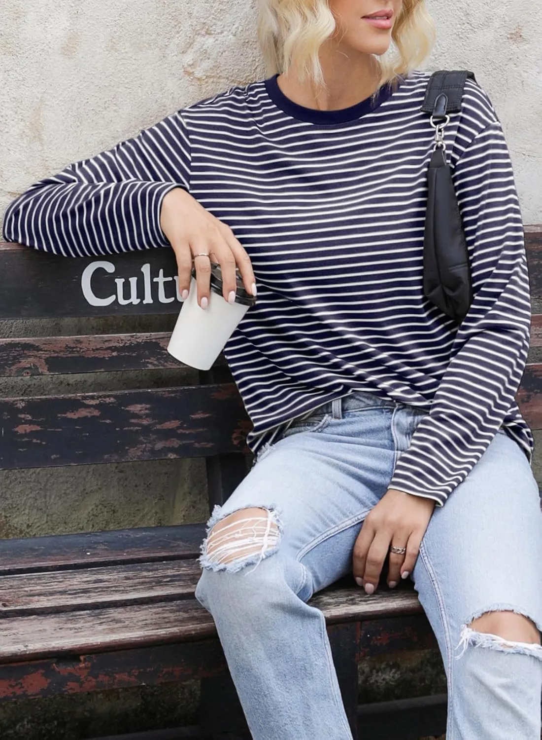 Dokotoo Women's Casual Striped Long Sleeve Tops Crew Neck Knit Basic T Shirts