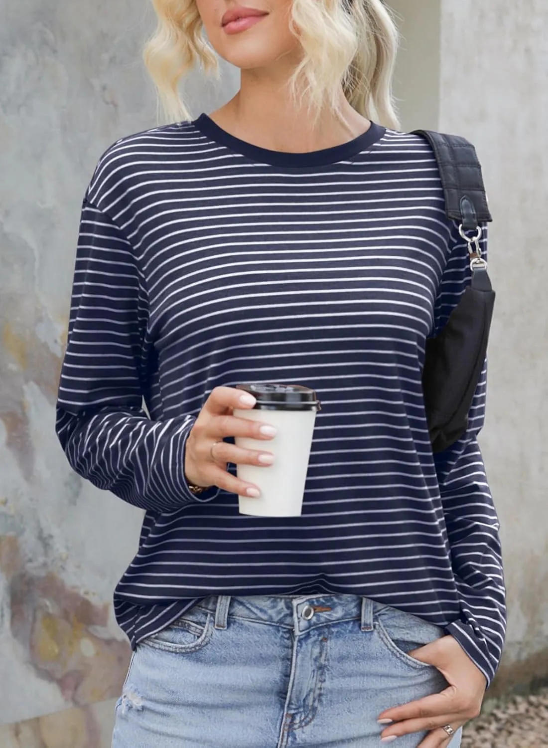 Dokotoo Women's Casual Striped Long Sleeve Tops Crew Neck Knit Basic T Shirts