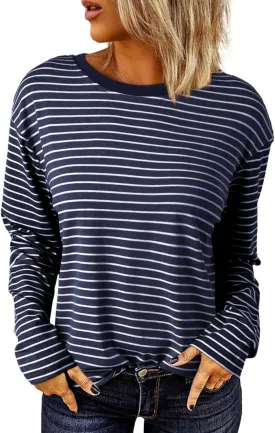 Dokotoo Women's Casual Striped Long Sleeve Tops Crew Neck Knit Basic T Shirts