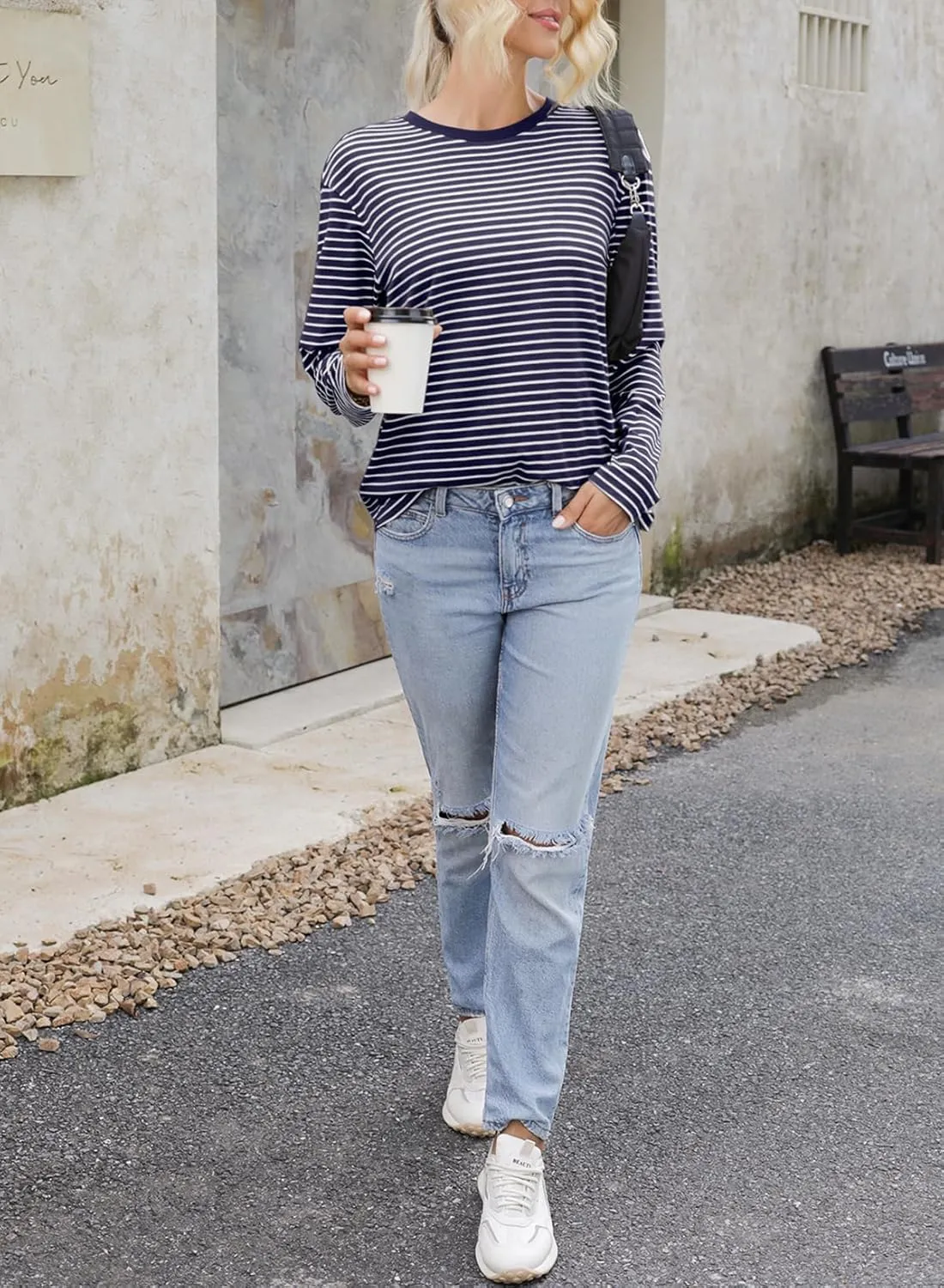Dokotoo Women's Casual Striped Long Sleeve Tops Crew Neck Knit Basic T Shirts