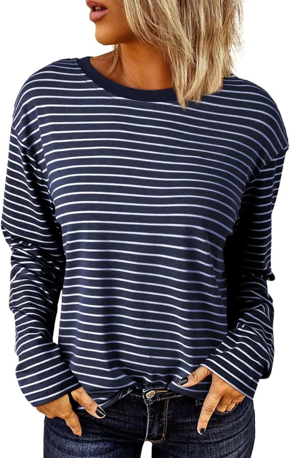 Dokotoo Women's Casual Striped Long Sleeve Tops Crew Neck Knit Basic T Shirts