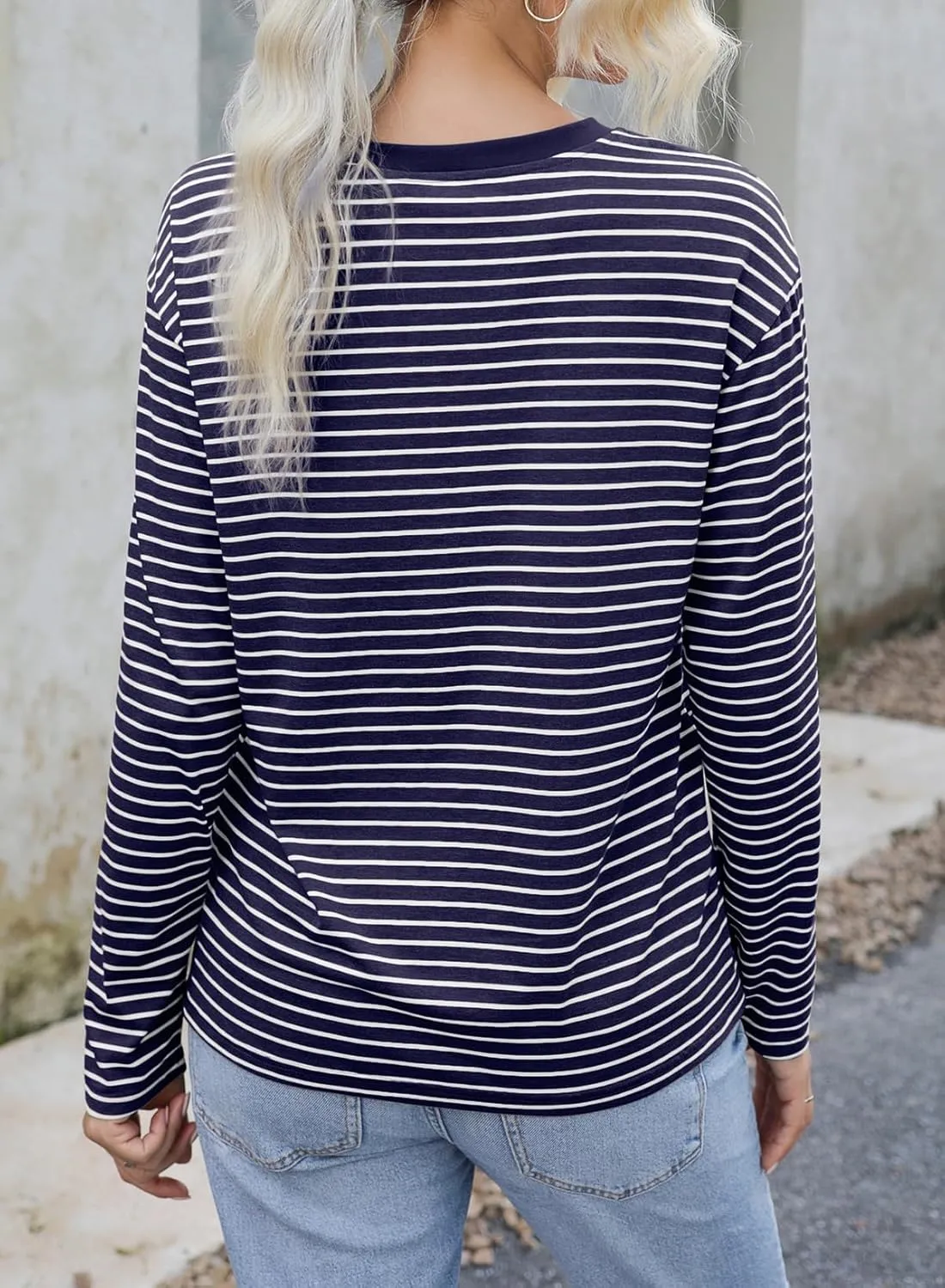 Dokotoo Women's Casual Striped Long Sleeve Tops Crew Neck Knit Basic T Shirts