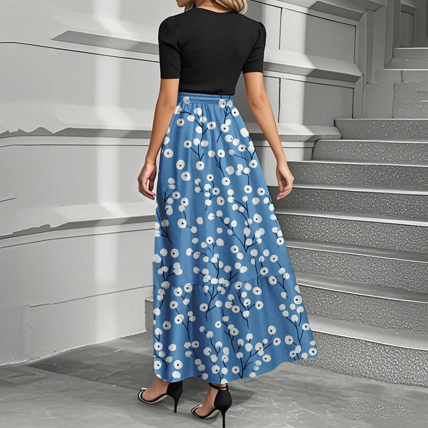Floral Maxi Dresses for Women 2025 Elegant Boho Tie Belted Patchwork Dress Short Sleeve Wedding Guest Flowy Dress