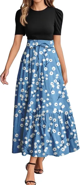 Floral Maxi Dresses for Women 2025 Elegant Boho Tie Belted Patchwork Dress Short Sleeve Wedding Guest Flowy Dress