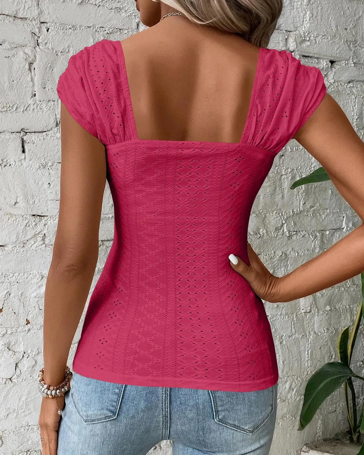 FSHAOES Womens Square Neck Tank Tops Cute Eyelet Cap Sleeve Tee Going Out Slim Fit Backless Shirts