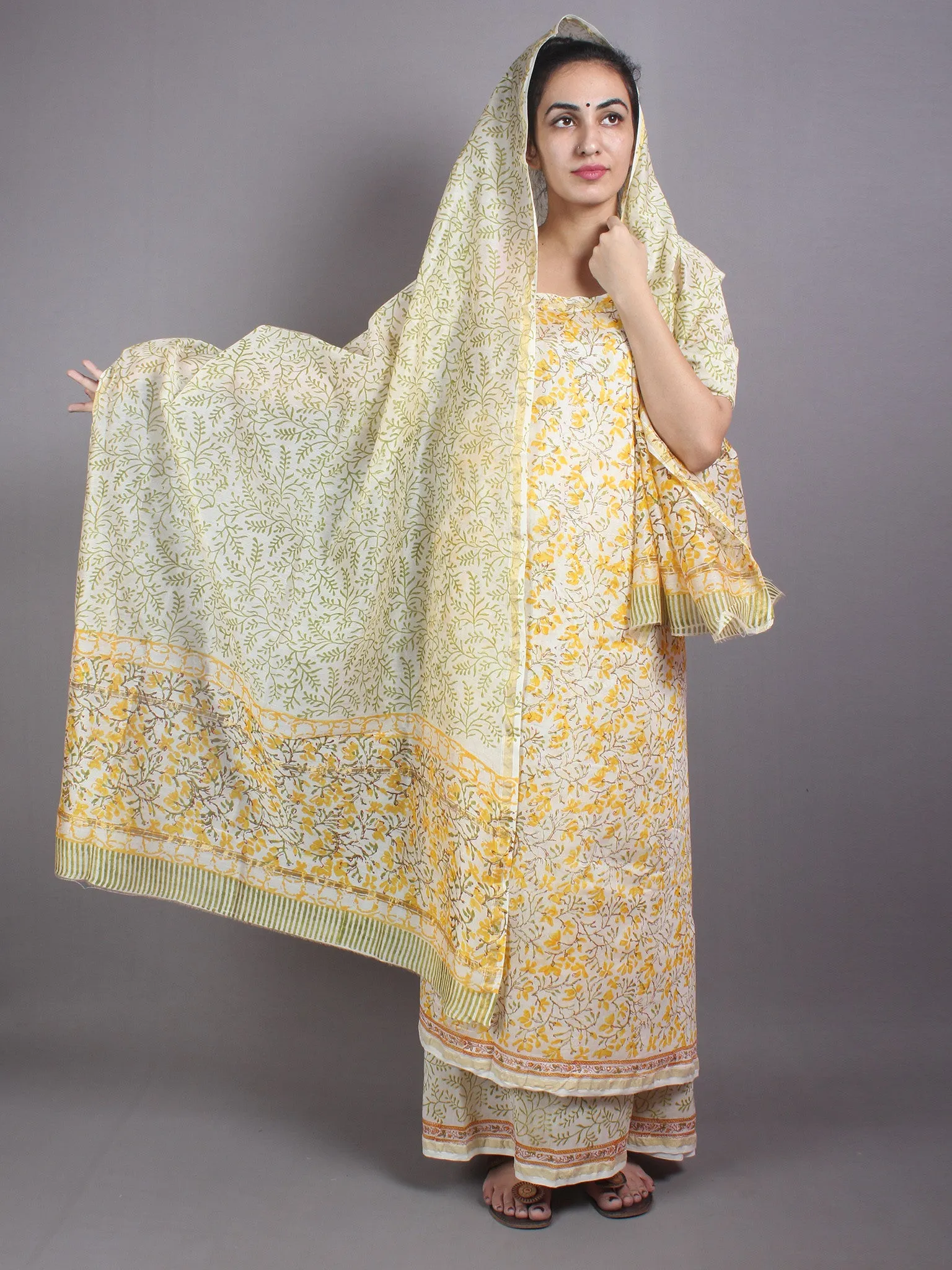 Ivory Yellow Green Hand Block Printed Chanderi Kurta-Salwar Fabric With Chanderi Dupatta - S1628033