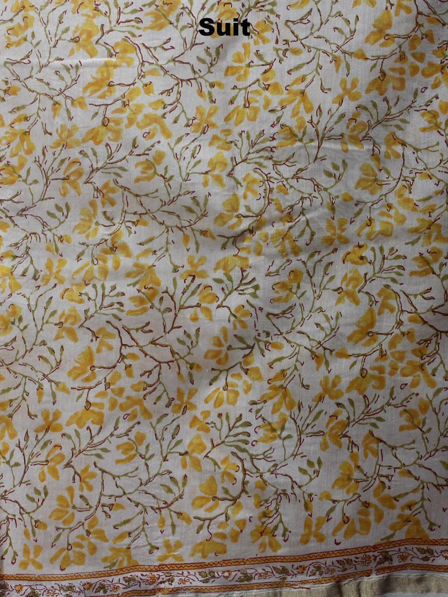 Ivory Yellow Green Hand Block Printed Chanderi Kurta-Salwar Fabric With Chanderi Dupatta - S1628033
