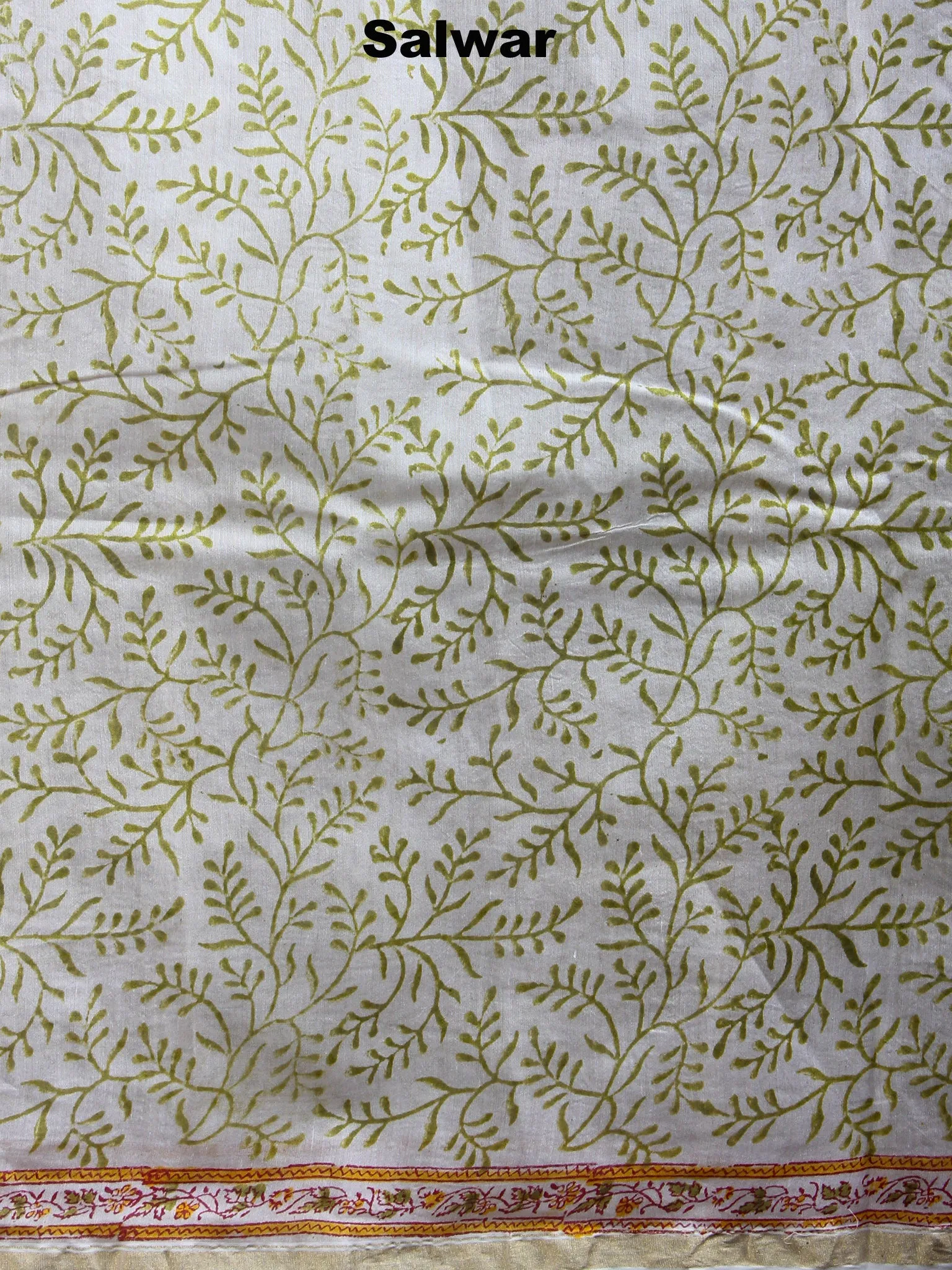 Ivory Yellow Green Hand Block Printed Chanderi Kurta-Salwar Fabric With Chanderi Dupatta - S1628033