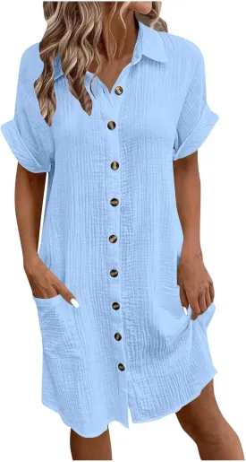 JOAU Womens Summer Length Knee Shirt Dress Casual Rolled Short Sleeve Lapel Collar Button Down Loose Dresses with Pockets