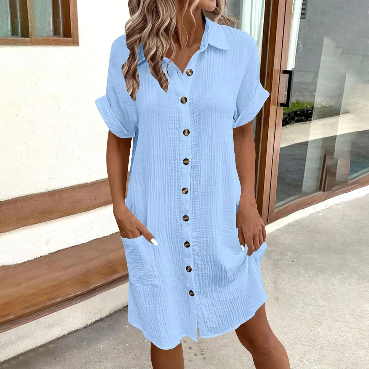 JOAU Womens Summer Length Knee Shirt Dress Casual Rolled Short Sleeve Lapel Collar Button Down Loose Dresses with Pockets