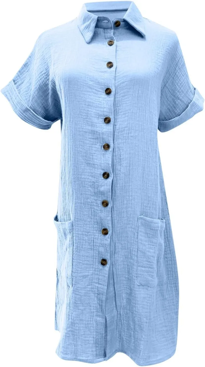 JOAU Womens Summer Length Knee Shirt Dress Casual Rolled Short Sleeve Lapel Collar Button Down Loose Dresses with Pockets