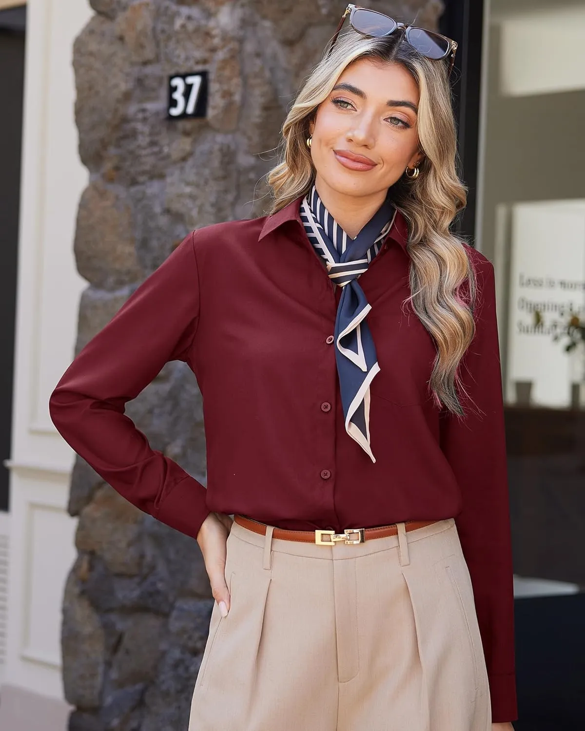 J.VER Womens Button Down Dress Shirts Solid Long Sleeve Wrinkle Free Formal Collared Shirt Casual Business Blouse with Pocket