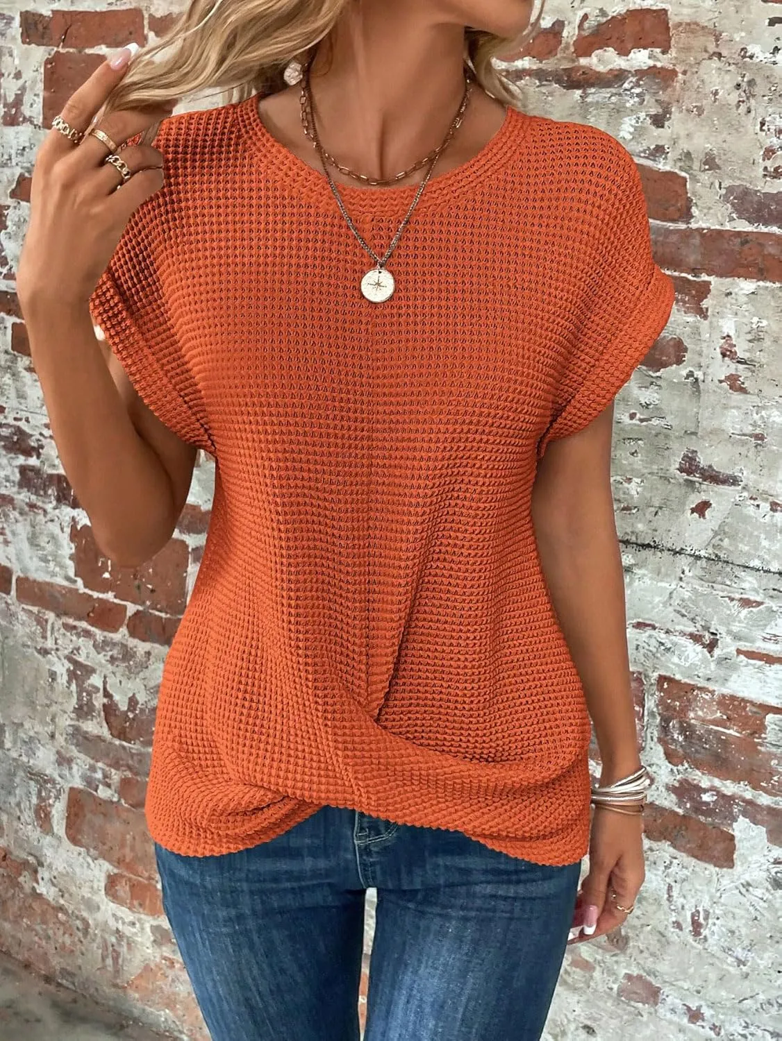 KevaMolly Womens T Shirts Solid Batwing Sleeve Cross Wrap Hem Tee Casual Tshirt Trendy Fitted Tee Tops