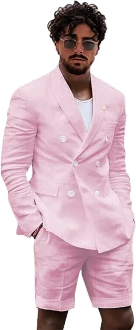 Linen 2 Piece Double Breasted Suit Men Summer Shorts Casual Blazer Tuxedo Groom Beach Wedding Dress (Blazer  Shorts)