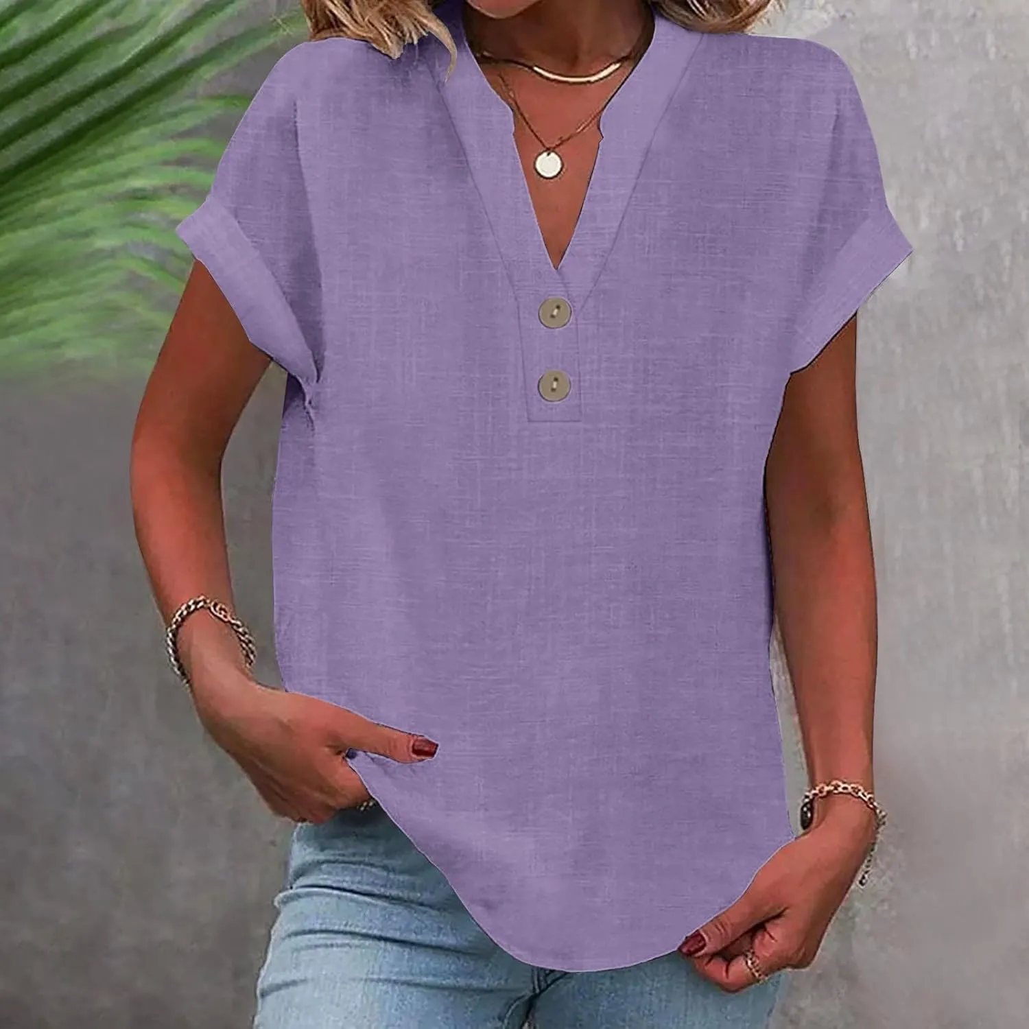 Linen Tops for Women Loose Fit Gauze Short Sleeve Plus Size Shirts Summer Button V Neck Casual Dressy Blouses
