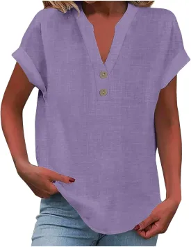 Linen Tops for Women Loose Fit Gauze Short Sleeve Plus Size Shirts Summer Button V Neck Casual Dressy Blouses