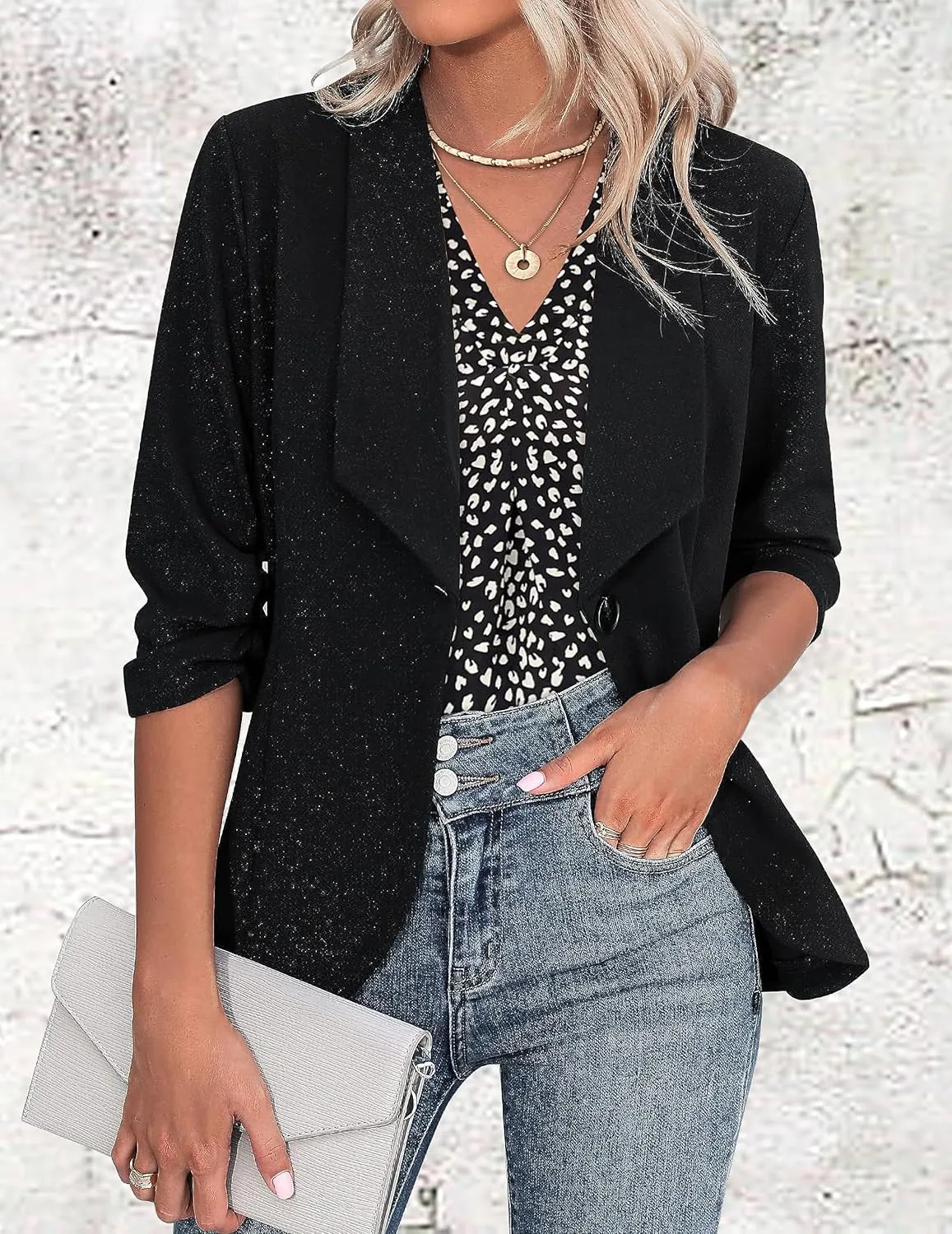 Long Sleeve Blouses for Women, Leopard Print Chiffon Tops V Neck Loose Business Shirts Casual Work Tunic