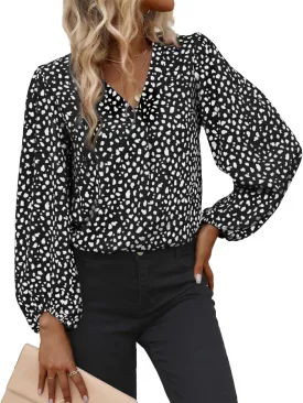 Long Sleeve Blouses for Women, Leopard Print Chiffon Tops V Neck Loose Business Shirts Casual Work Tunic