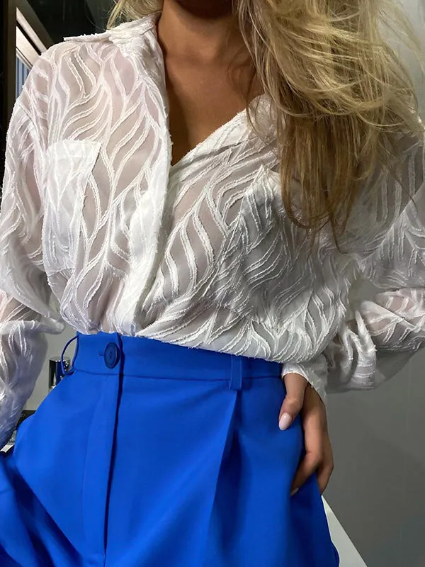 Long Sleeves Loose Buttoned Pockets See-Through Solid Color Split-Joint Lapel Blouses&Shirts Tops