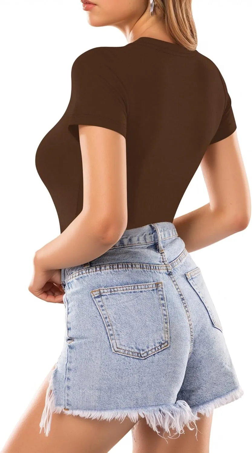 MANGOPOP Women's Round Neck Short Sleeve T Shirts Basic Bodysuits